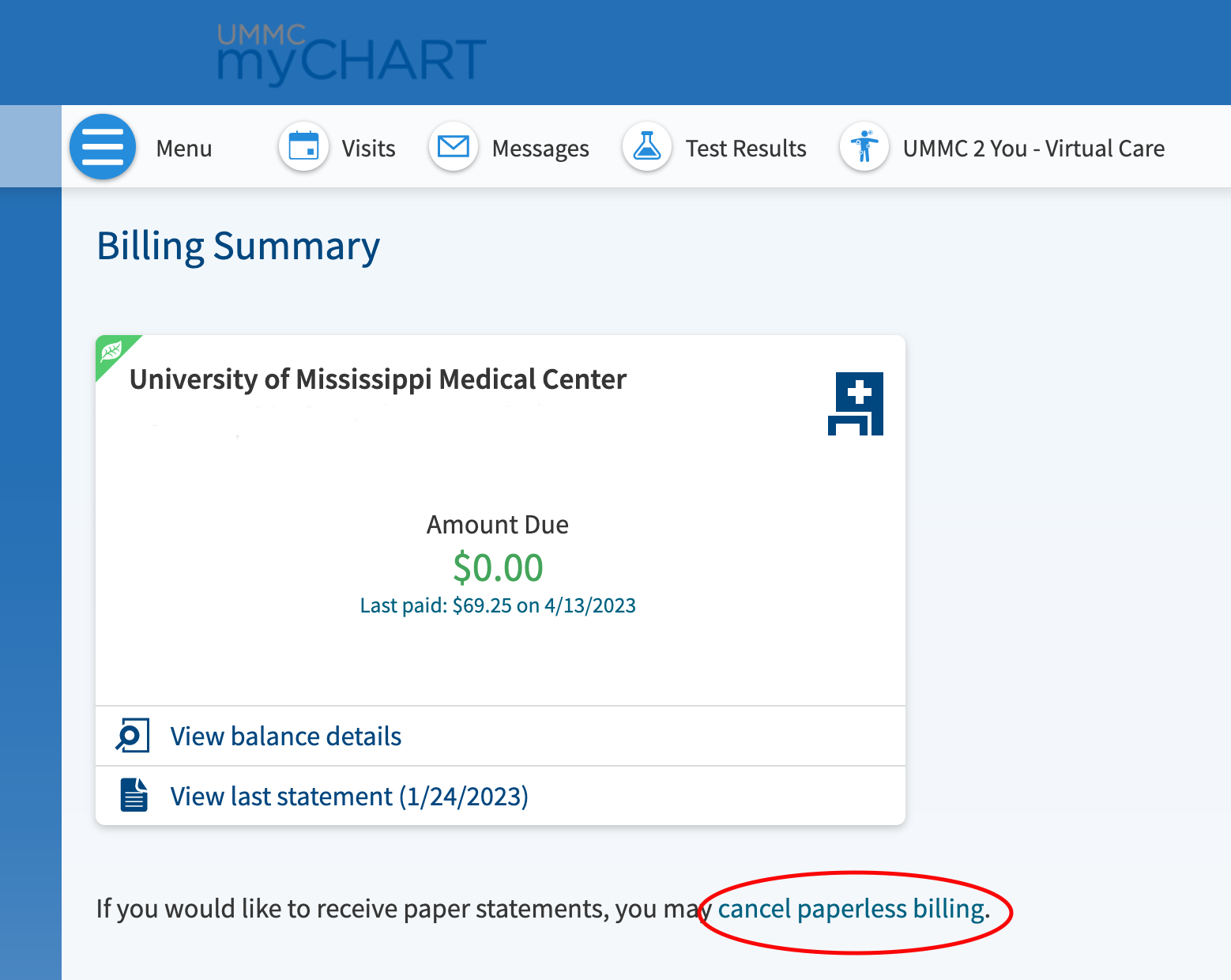 A screenshot of the MyChart Billing Summary shows the link for "cancel paperless billing” on the bottom right of the screen.